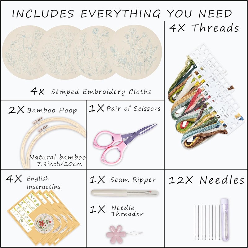 Bonroy 4 Sets Embroidery Set for Beginners, Art Craft, Easy Sewing, Includes Embroidery Clothing, Pattern, Embroidery Hoop, Instruction Manual, Colorful Thread Stitch Set (11) - Image 2